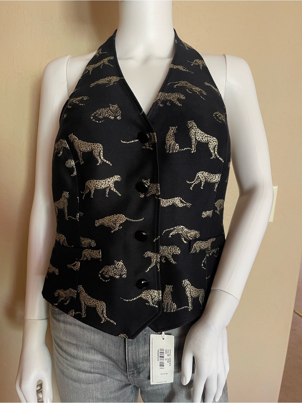 Worth New York Gold Animal Print Halter Vest 6 Black Metallic Leopard Tiger Top